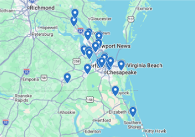 Map of southeastern Virginia and northeastern North Carolina with multiple blue location markers concentrated around Norfolk, Newport News, Chesapeake, and Virginia Beach.