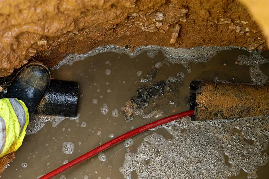 A worker's boot stands next to a broken black pipe and a red cable in a muddy, water-filled trench.