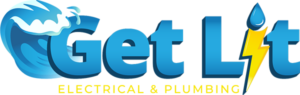 Logo for "Get Lit Electrical & Plumbing" featuring water waves over the "G" and a lightning bolt forming the "i" in "Lit." The tagline is written below in yellow.
