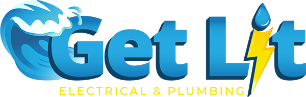 Logo for "Get Lit Electrical & Plumbing" featuring water waves over the "G" and a lightning bolt forming the "i" in "Lit." The tagline is written below in yellow.