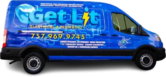 Blue Get Lit Electrical & Plumbing service van with company logo, lightning bolt graphic, and phone number 757.969.9745 displayed on the side.