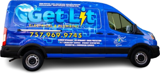 A blue Get Lit Electrical & Plumbing van with company logo, lightning bolt graphic, and contact number 757.969.9745 displayed on the side.