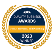 A circular badge reads "Quality Business Awards 2023 Winner" with "Get Lit Electrical and Plumbing" in the center, surrounded by a gold laurel wreath.