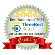 A circular badge with gold stars, "Best Business of 2024," "ThreeBest Rated," "Get Lit Electrical and Plumbing," and a red banner labeled "Excellence.