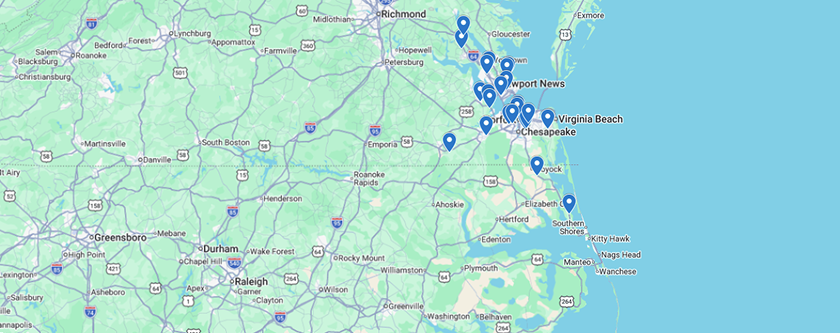 Map of southeastern Virginia showing numerous marked locations around Norfolk, Virginia Beach, Newport News, and Chesapeake, with surrounding cities labeled.