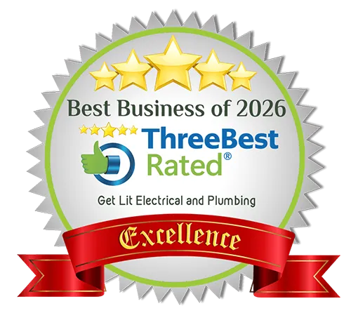 A silver badge with gold stars and a red ribbon labeled "Excellence," awarding Get Lit Electrical and Plumbing as a ThreeBest Rated Best Business of 2026.