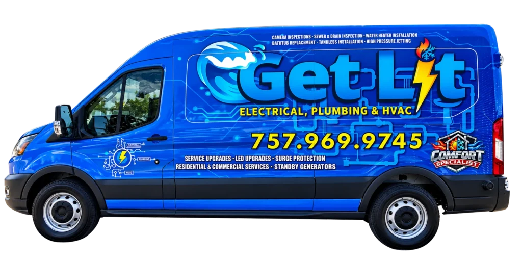 Blue Get Lit service van featuring contact information, service offerings, and icons for electrical, plumbing, and HVAC.